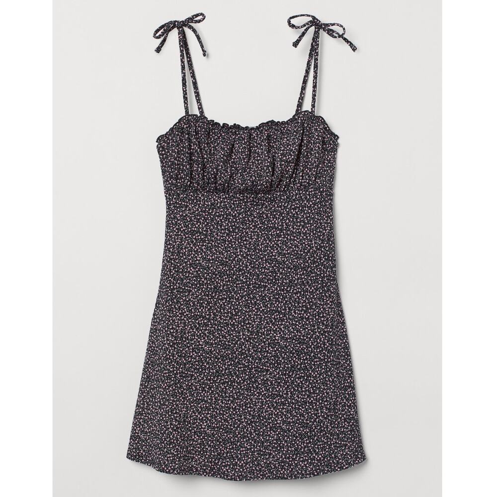 H&M Divided Bow-Detail Jersey Dress -‎ Size M - Black Green Ditsey Floral Mini
